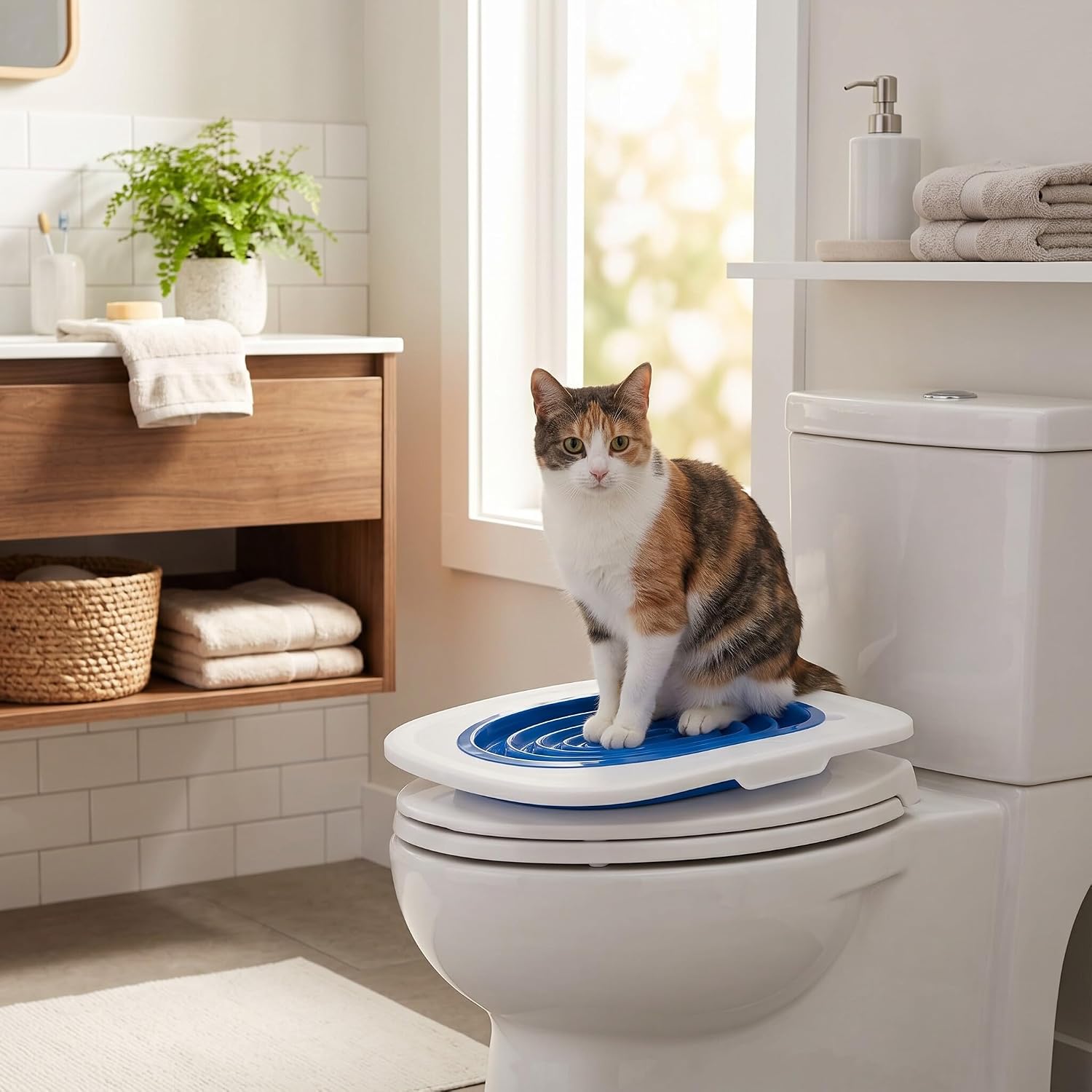 Ejoyous Cat Toilet Training Kit, Universal Reusable Environmentally Friendly Cat Toilet Trainer Easy to Use Cat Toilet Trainer for Pet Cleaning (White Tray, 1 Blue Inner Support)