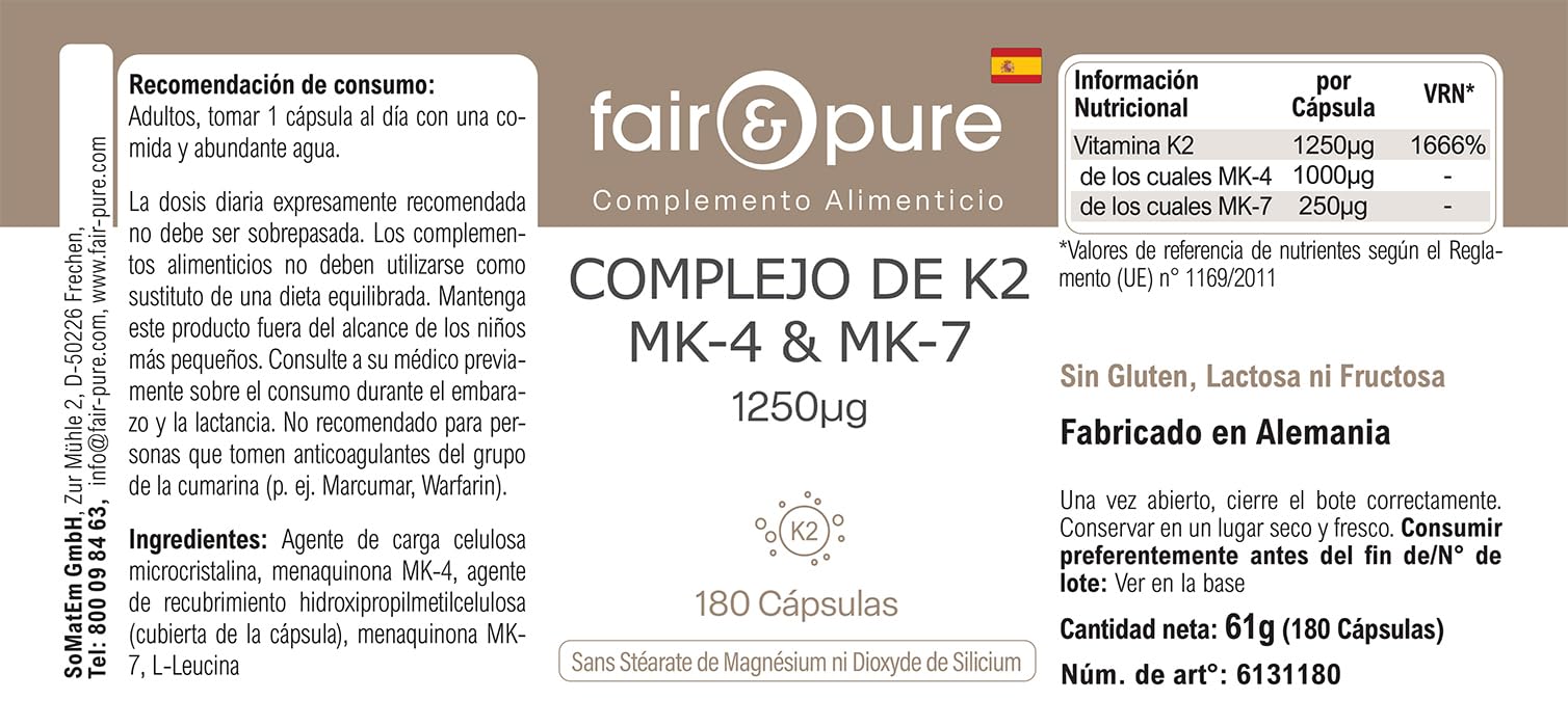 Fair & Pure® - Complexe de K2 1250µg MK-4 & MK-7 - végan - dosage élevé - 180 gélules