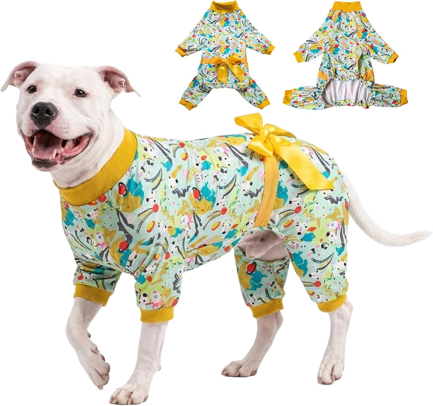 LovinPet Pajamas for Large Dogs, Mint Outer Space Print, Wound Care and Post Surgery Onesie, UV Protection Fabric, Pet Anxiety Relief Shirt, Pet PJ’s, Pitbull Clothes, Yellow L