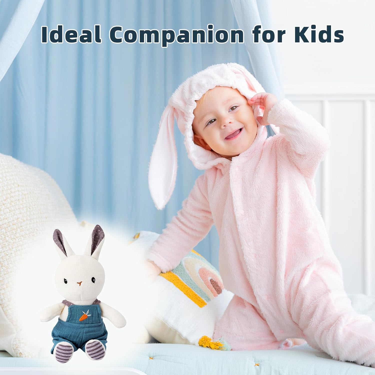 Bunny Stuffed Animal Organic Cotton Baby Plush Toys, 7" Organic Cotton Plush Bunny Toy with Overalls, Cute Soft Stuffed Rabbit Doll for Babies and Toddlers