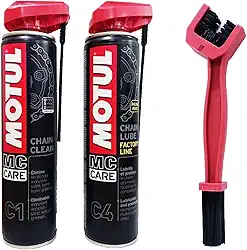 SPRAY LUBRIFICANTE DE CORRENTE MOTO - MOTUL - C1 + C4 CHAIN CLEAN - 400 ML MOTO SPEED RACING + ESCOVA DE LIMPEZA