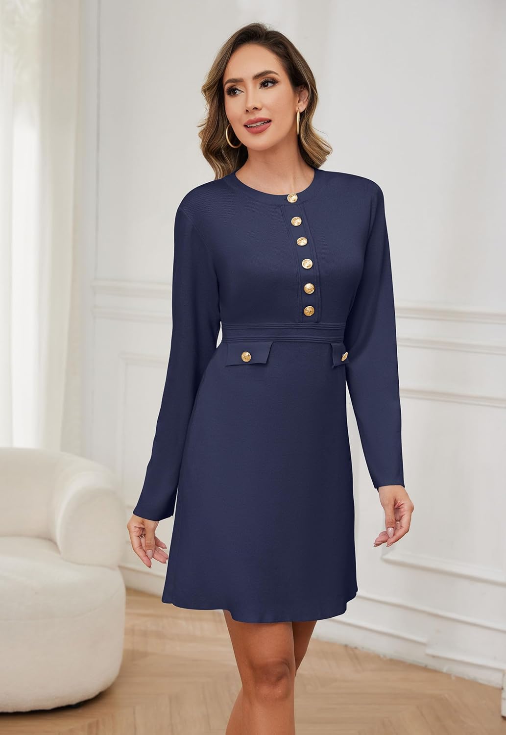 Aokivvy Women's Long Sleeve Sweater Dress Crewneck Button Elegant Bodycon Formal Party Mini Dress - Image 4