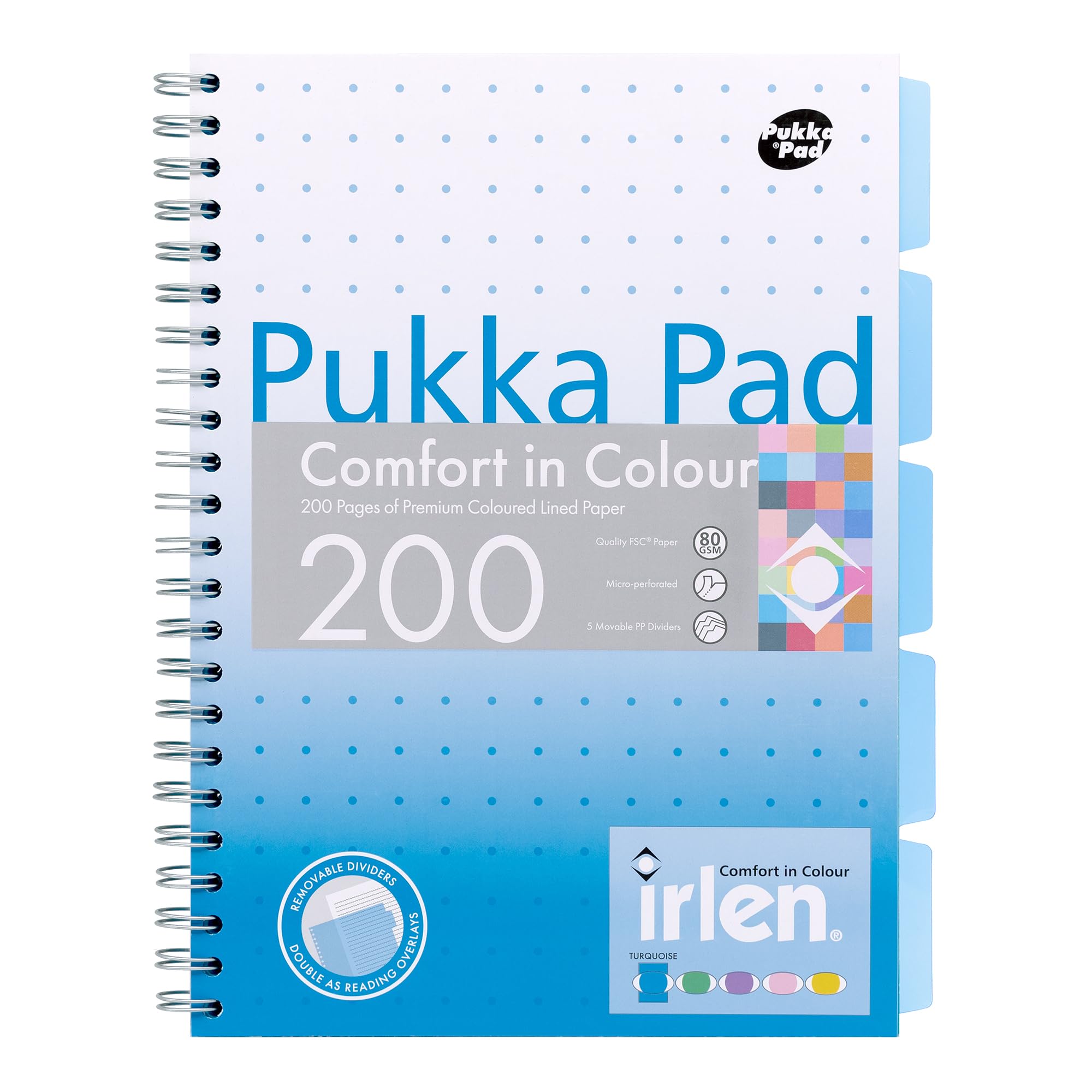 Pukka Pad Irlen A4 Project Book 3-Pack, 200 Pages, 100 Sheets of 80GSM Lined & Coloured Paper & 5 Repositionable Dividers