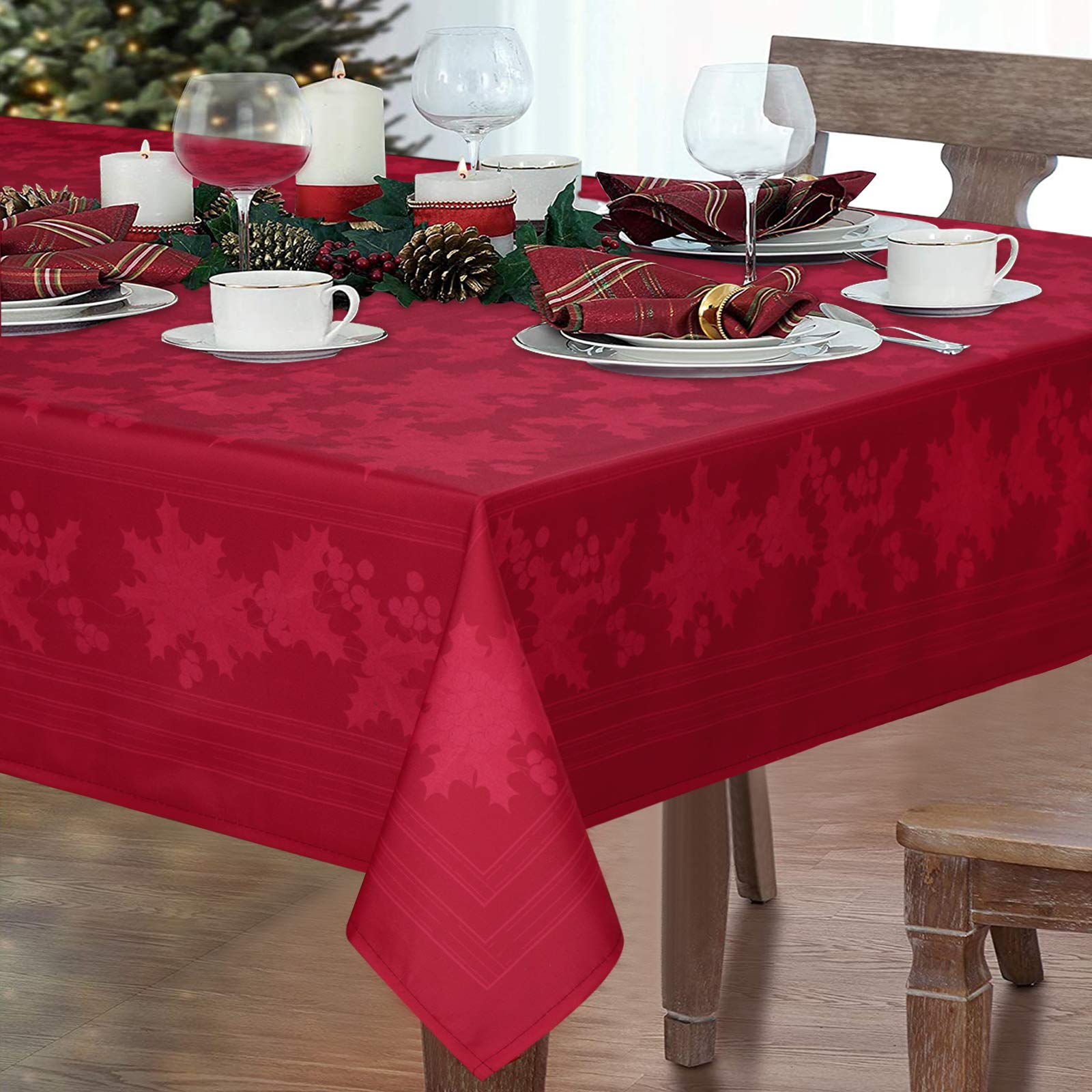 Christmas Tablecloth, Xmas Red Table Cloth, Holly Leaves and Berry Printed Waterproof Tablecloth Square for New Year Winter Dining Party Home Decorations, 55 x 55 inch