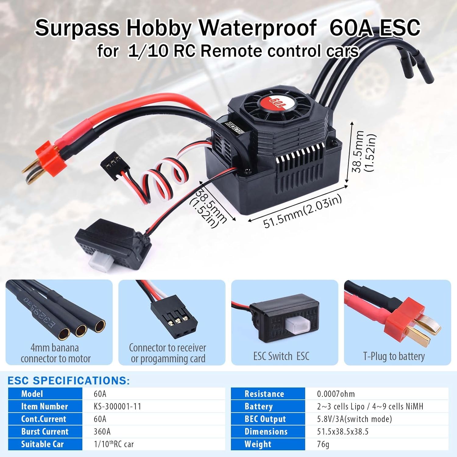 Surpass Hobby 3660 1750Kv Brushless Motor and ESC 60A Brushless Motor ESC Combo fits 2S Battery for 1/10 Remote Control Car Truck
