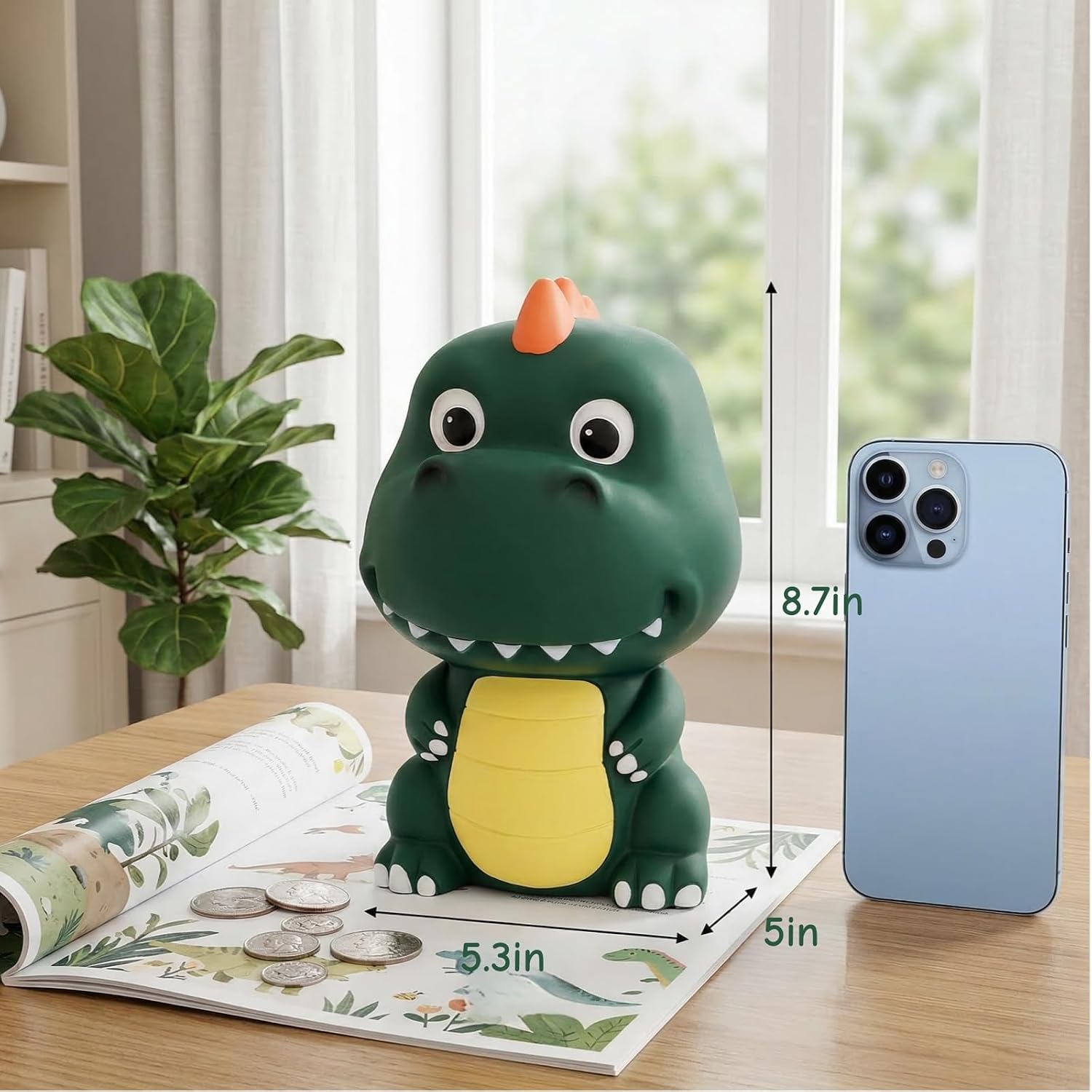 Dinosaur Piggy Bank, Unbreakable Plastic Money Coin Bank, Cute First Coin Saving Box for Birthday, Easter, Baby Shower, Home Decoration, Deep Green
