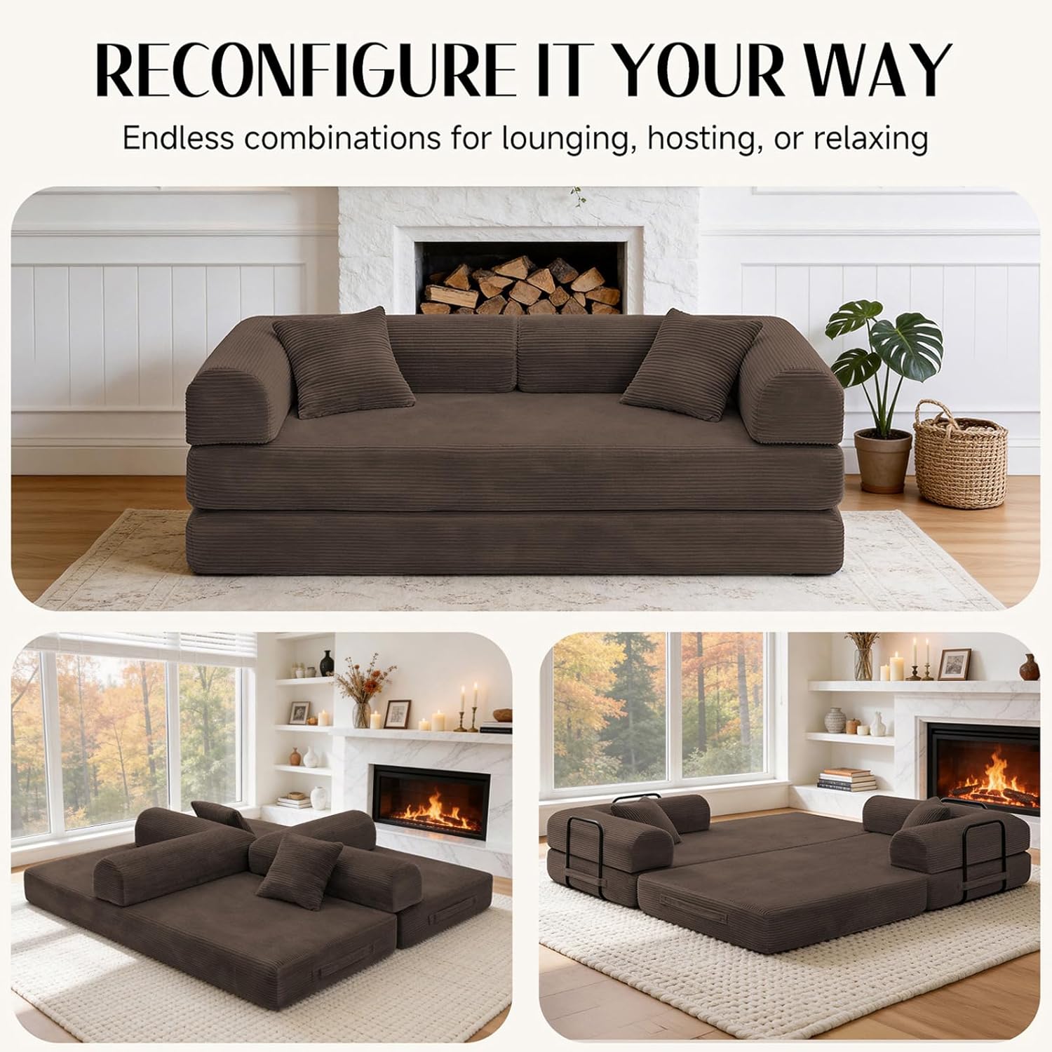 79'' Convertible Sofa Bed, Boneless Couch-in-a-Box, Corduroy Floor Futon Loveseat Sleeper, 26'' Deep Seat, Removable Machine-Wash Covers, Side Pockets, No Assembly, 2 Pillows, Brown