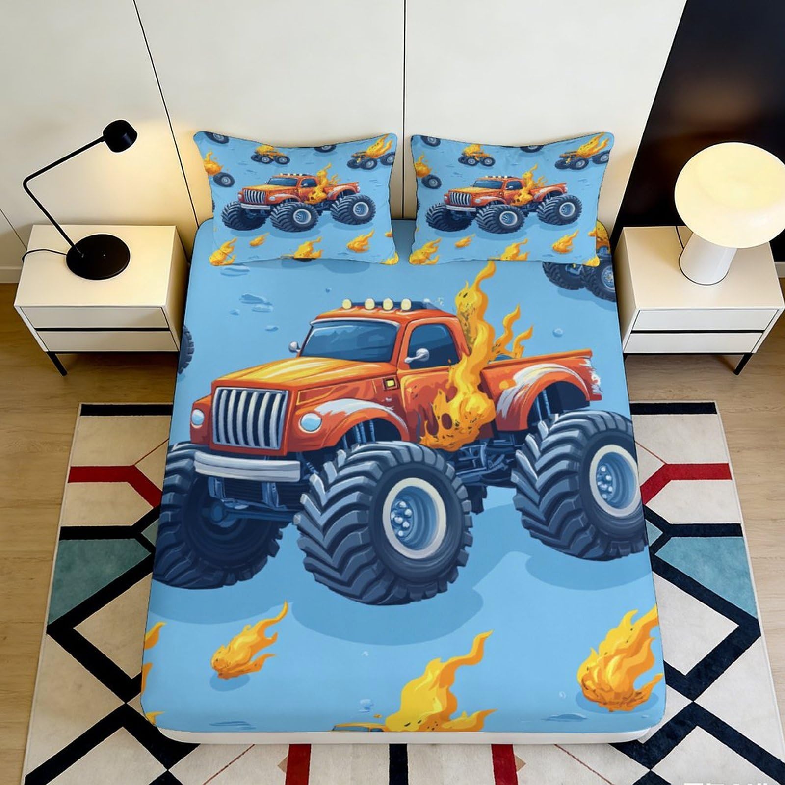 Pnayamiorkfel Style-5 3D Printed Flame Monster Truck Fitted Sheet Microfiber Soft Washable Bed Cover For Bedroom Dorm Decor Protection 90X200x25cm