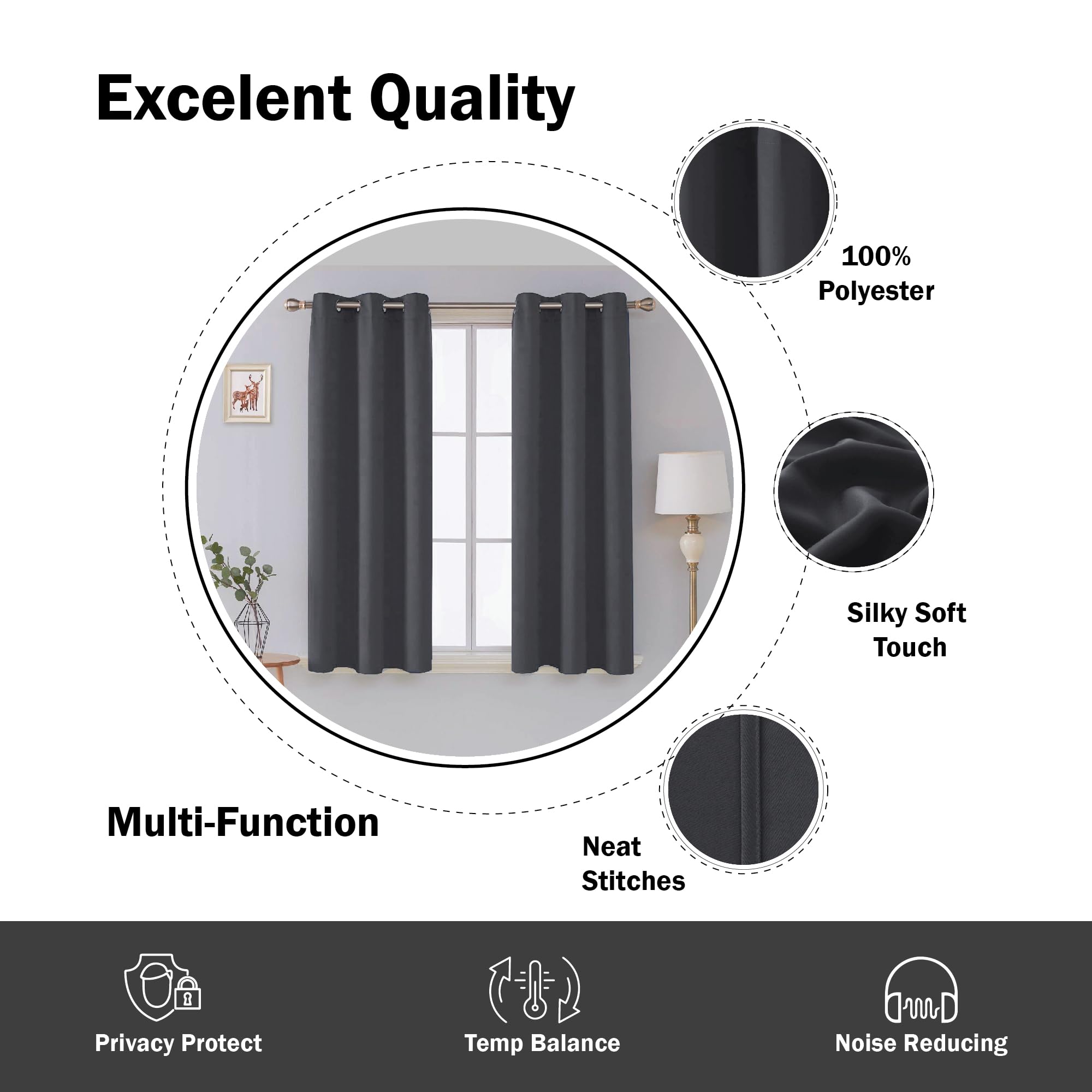Ev Dekor® EVCRTN01 Thermal Blackout Curtains for Bedroom Offices, Hotels Windows 90"(228cm) Wide X 90"(228cm) Long, Charcoal - Image 3
