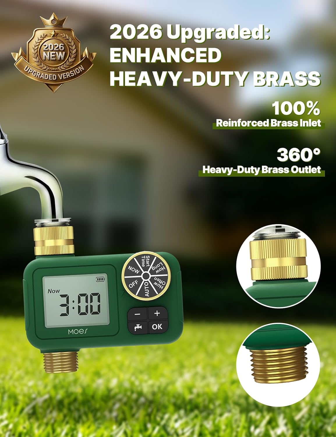 MOES 1 Zone Water Timer for Garden Hose, Heavy Duty Solid Brass Inlet & Outlet, Programmable Sprinkler Timer Battery Operated, High-Flow Faucet Valve with Rain Delay for Lawn Irrigation (Non-WiFi)