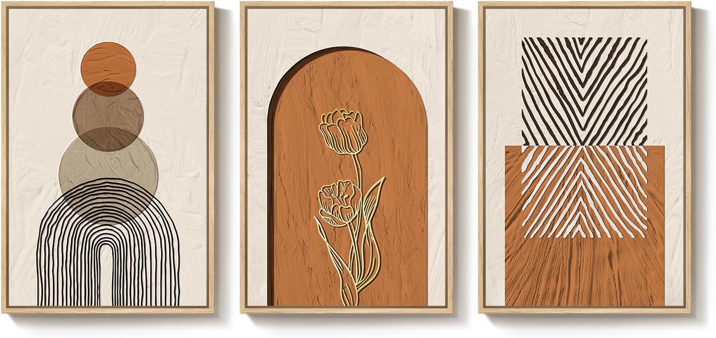 Large Framed Boho Abstract Wall Art for Living Room, 3 Piece Neutral Orange Paintings Prints Canvas Artwork for Walls, Modern Geometric Bohemian Pictures Wall Decor for Bedroom Home Office, 20x30 Inch