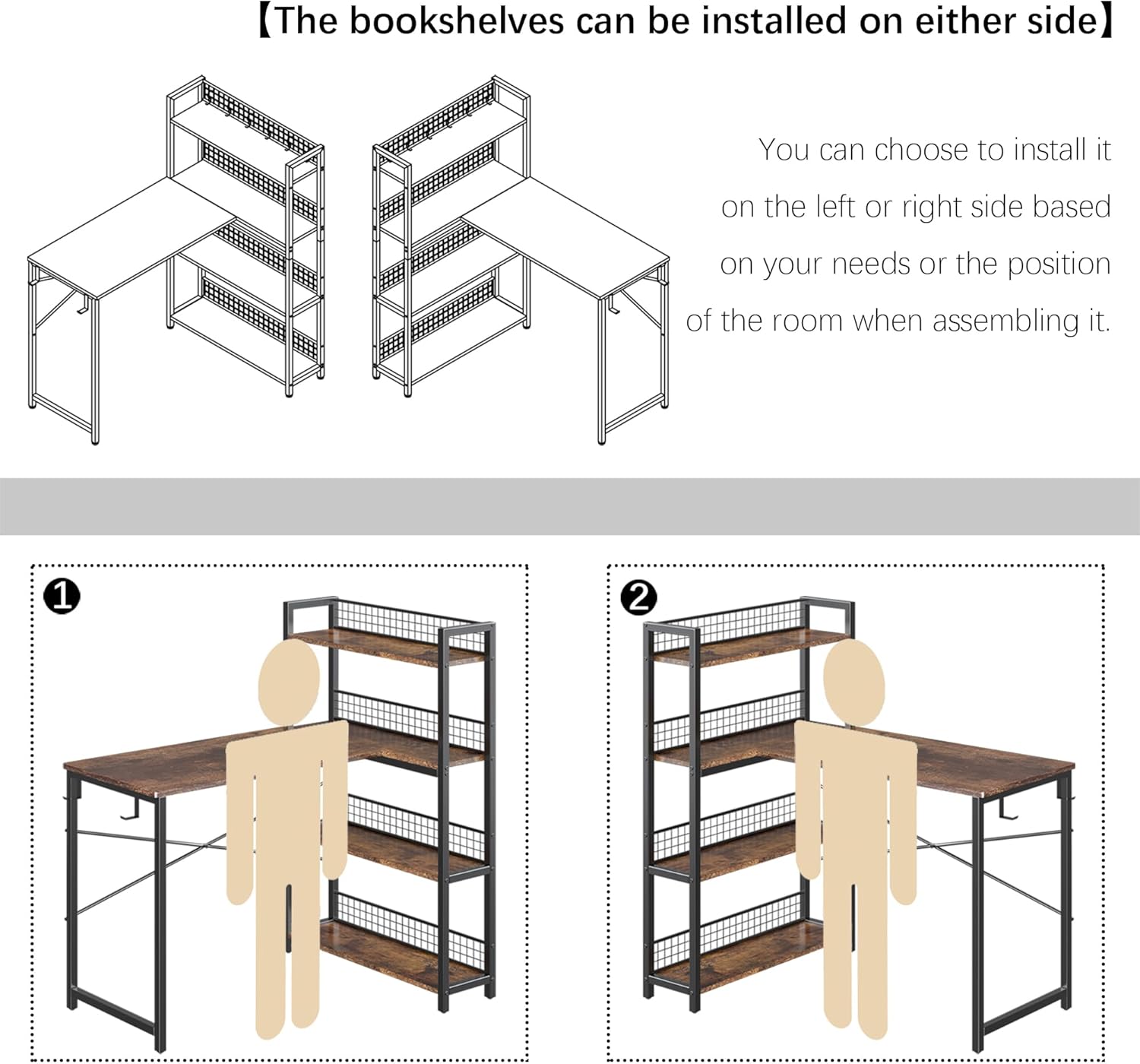 4NM 39.4" Small Computer L Shaped Desk with 4-Tier Bookshelf and 6 Hooks, Home Office Desk Writing Workstation Study Table for Small Space Work - Rustic Brown and Black
