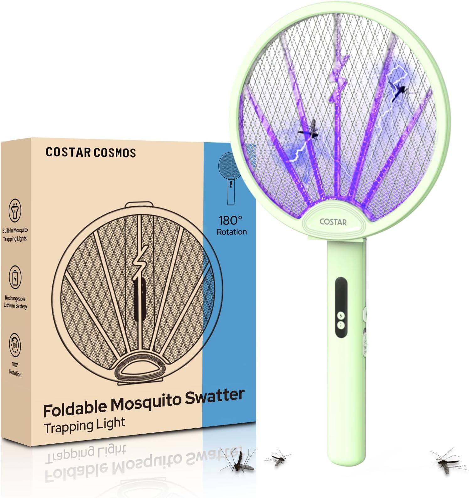 CostarMatter Mosquito Killer Racket, Foldable Bat with UV Light, 3400V, 2 in 1 Auto Mosquito Killer, Racket for Mosquitoes, Electric Fly Swatter with Lithium-ion Battery, Green