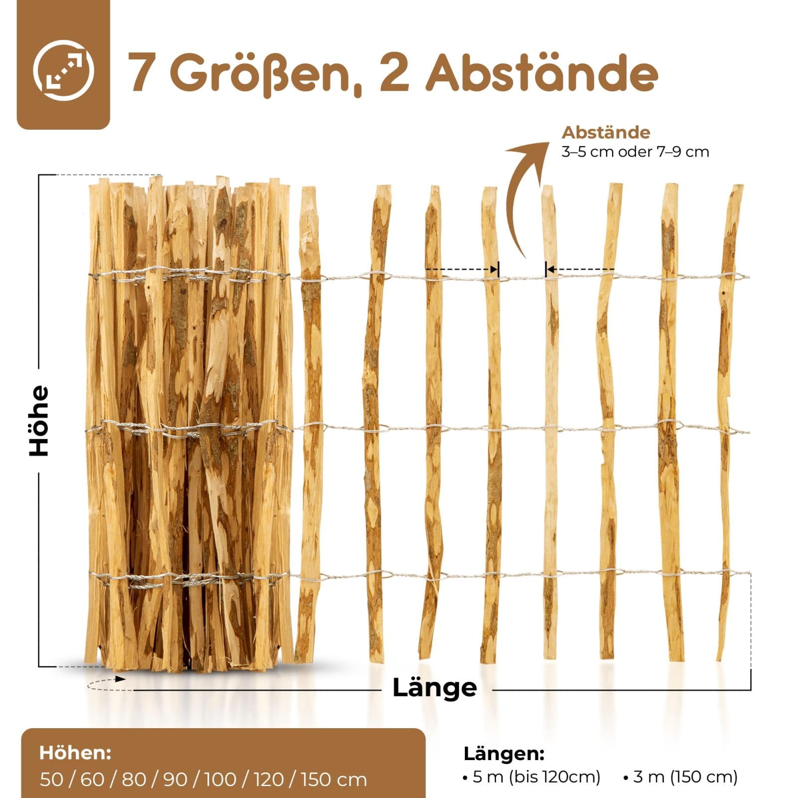 BooGardi Valla de estacas · 14 tamaños · 150 cm de alto · 3 m de largo · Distancia entre listones 7 – 9 cm · Valla de castaño de avellana · Valla de jardín de madera · Valla de madera · Valla de