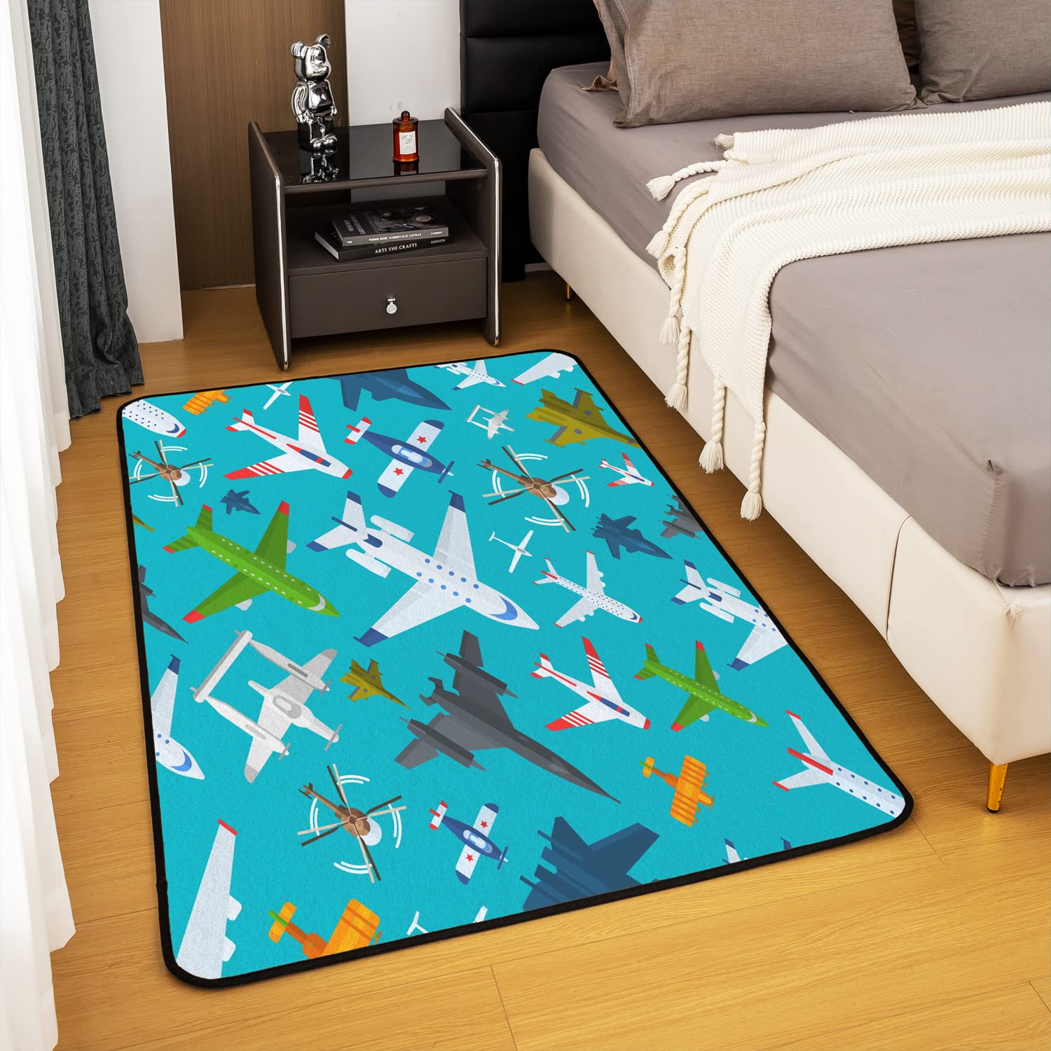 Loussiesd Aircraft Area Rug Kids Airplane Print Indoor Floor Mat Aircraft Flying Rugs for Living Room Bedroom Helicopter Flying Plane Blue Accent Rug 100 * 150cm - Image 3