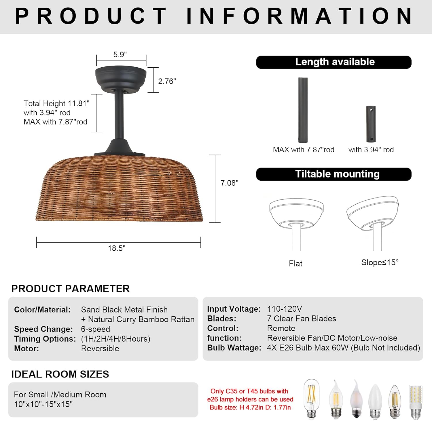 18.5" Boho Caged Ceiling Fan with Lights 4-Light Rattan Fandelier with Lights and Remote Control,Enclosed 6 Speeds Low Profile Curry Wicker Fan Light for Bedroom Living Room Kitchen