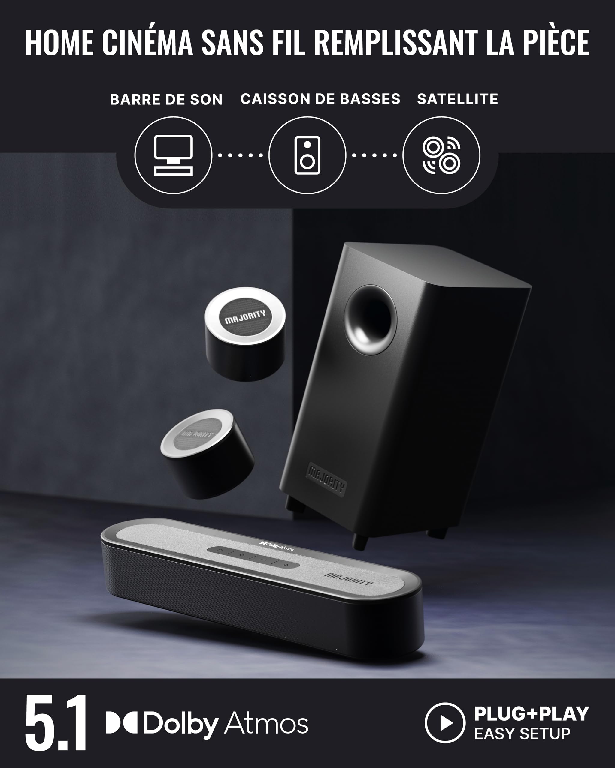 Majority Barre de Son TV Bluetooth 5.3, 300W Home Cinema 5.1 sans Fil | Bowfell Halo Atmos Mini Soundbar PC | DMI eARC | Enceinte TV Dolby Atmos | Caisson de Basse & Haut-Parleurs Arrière