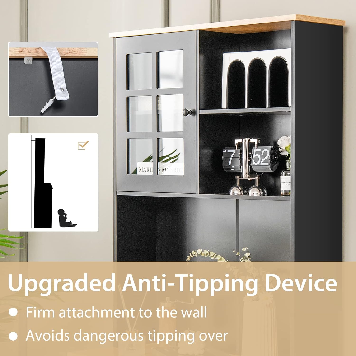 TANGZON Tall Kitchen Cupboard, 183cm Storage Cabinet with Tempered Glass Doors, Adjustable Shelf, Countertop & Anti-tipping Device, Freestanding Wooden Sideboard for Dining Living Room (Black)