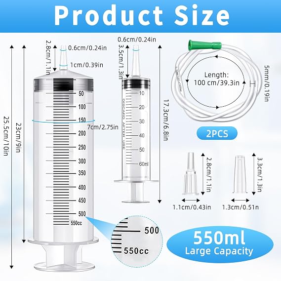 Large Syringe 500ml Oil Suction Syringes 500ml+Syringes 60ML+2 Soft Tubes | Large Capacity PP Material Large Syringe for Industry Lab Syringes Garden Pet Feeding Plant Watering