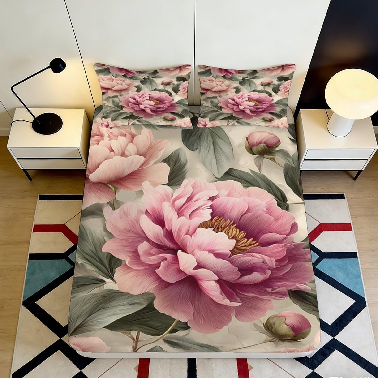 3D Printed Peony Blossom Fitted Sheet Microfiber Soft Pink Floral Bed Cover for Bedroom Guest Room Mattress Protection 140x200x25cm