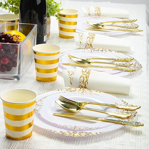 Miniatura 5 de KINEATHER Juego de 175 platos de plástico desechables dorados y blancos para 25 invitados, 25 platos llanos, 25 platos de postre, 25 tenedores, 25