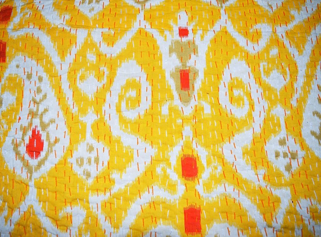Yellow Ikat Print Kantha Quilt Single Size Cotton Indian Kantha Bedspread Gudari