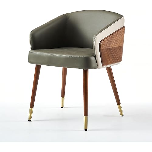 ARTPLAN Dining Chair Mid Century Modern Faux Leather with Walnut, Eucalyptus Upholsted Retro Accent Arm Chair, Metal Legs Dissassembly Adjustable Foot for Kitchen Dining Room,Army Green