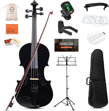 ADM Acoustic Violin for Kids Beginners,1/4 Size Acoustic Violin Fiddle for Teens Students Violin Starter Kit with Hard Case, E-Tuner, Rosin, Shoulder Rest, Bow, Extra Strings, Free Lessons, Black