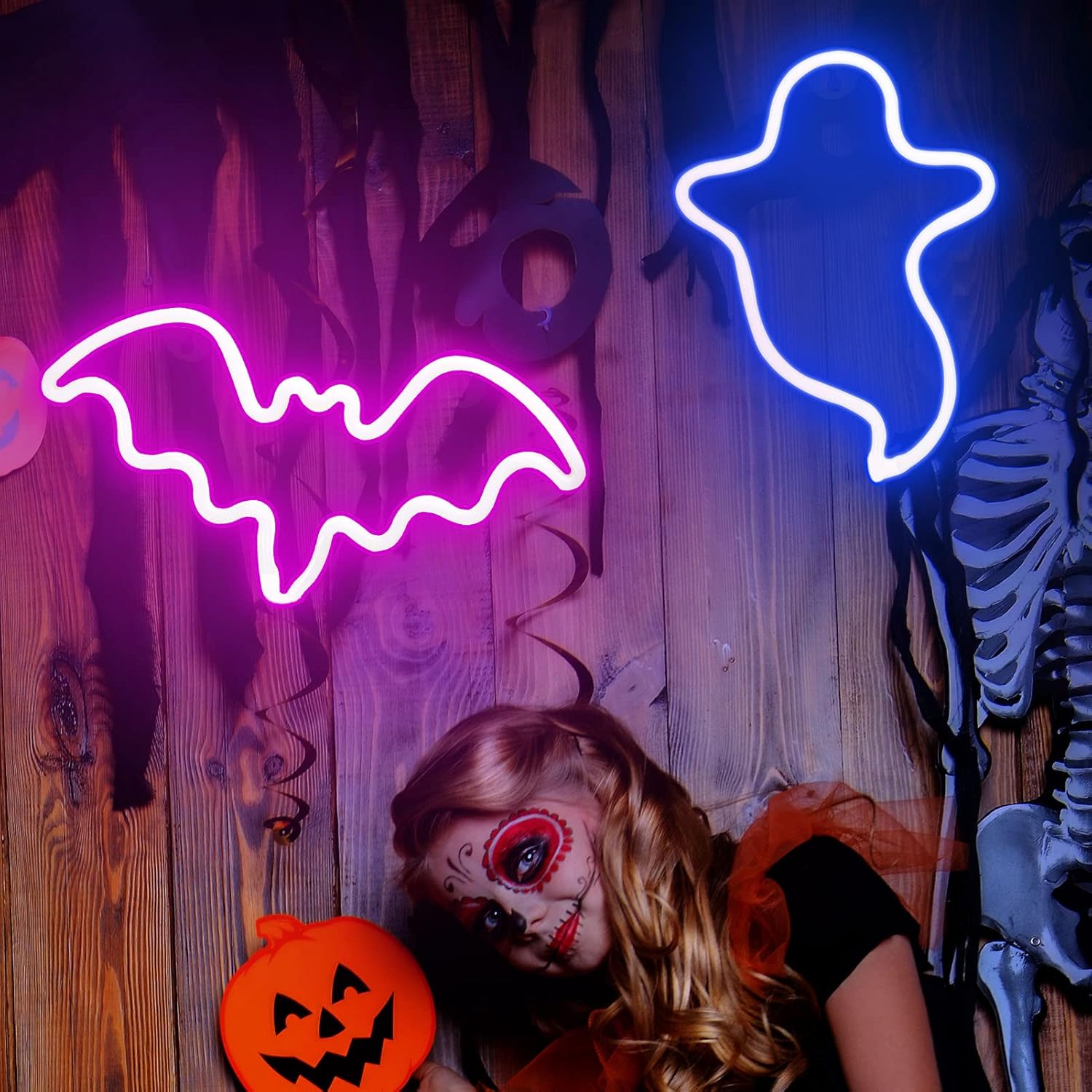 2 Pack Halloween Decoration LEDs Neon Sign Light Ghost Neon Sign Bat Lights Neon Signs Hanging Neon Signs for Halloween Party Decorations Indoor Home Window Decorations(Batteries Not Included) - Image 7