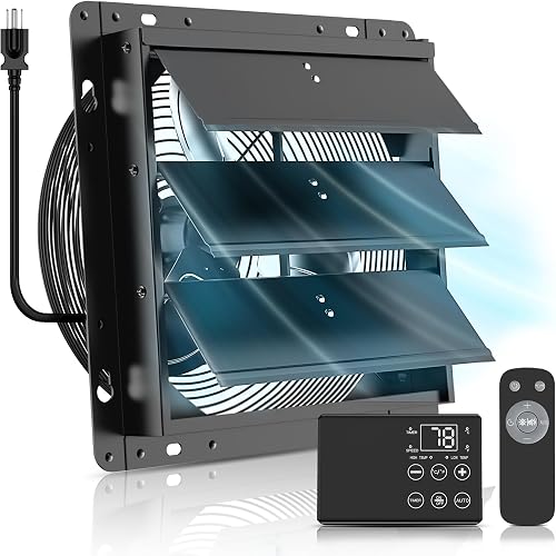8 Inch Upgraded Shutter Exhaust Fan with Thermostat & Remote Control, Automatic On/Off by Temperature, 760 CFM Wall Mounted Garage Fan for Attic, Greenhouses, Sheds, Chicken Coops & Shops