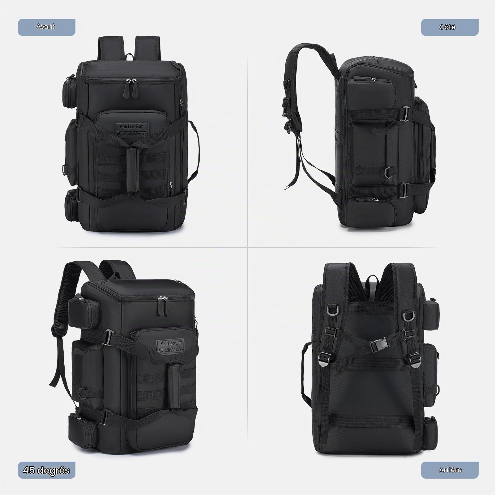 SPAHER 3 en 1 Sac à Dos Randonnée Tactique Sac de Voyage Grand 40L, Noir | Grand Ouverture 180°, 2 Poignées, Système MOLLE, Poches Humides, Compartiment pour Ordinateur Portable Rembourré de 16 Pouces