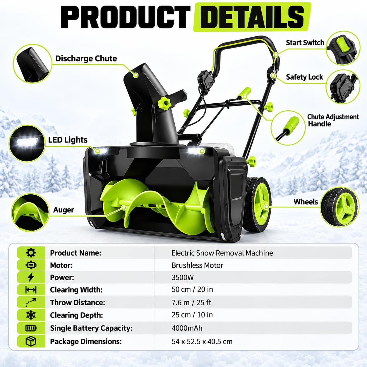 Spazzaneve a Batteria, Motore Brushless da 3500 W 4batteries