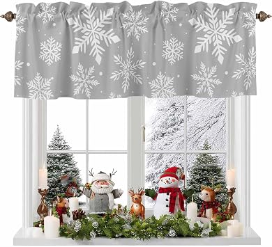 Christmas Curtain Valances, Xmas Snowflake Gray Merry Christmas Rod Pocket Valance Tier Curtains Window Treatment Drapes for Kitchen Living Room Bedroom Windows, 54x18 Inch 1 Panel