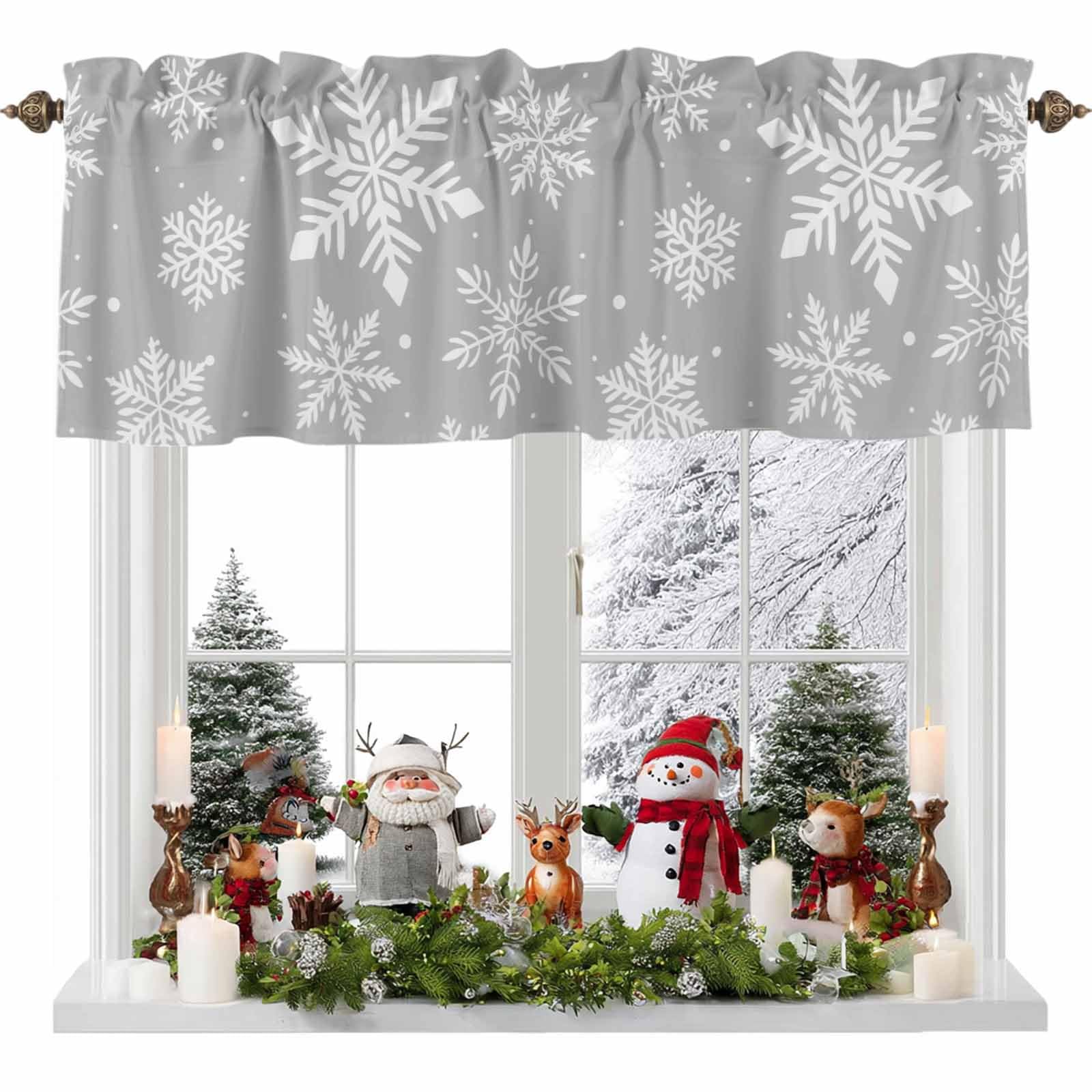 Pinroote Christmas Curtain Valances, Xmas Snowflake Gray Merry Christmas Rod Pocket Valance Tier Curtains Window Treatment Drapes for Kitchen Living