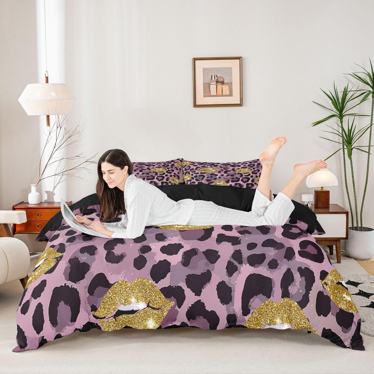 Erosebridal Sexy Golden Lips Duvet Cover Full,Purple Black Cheetah Leopard Print Comforter Cover for Teens Adult,Glitter 3D Mouth Print Bedding,Grunge Tie Dyed Bedspread Cover with 2 Pillow Cases