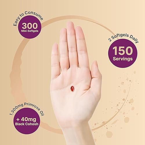 Miniatura 4 de NatureBell Aceite de onagra con cohosh negro, 1,300 mg por porción, 300 mini cápsulas blandas Semillas prensadas en frío, conserva 130 mg de GLA