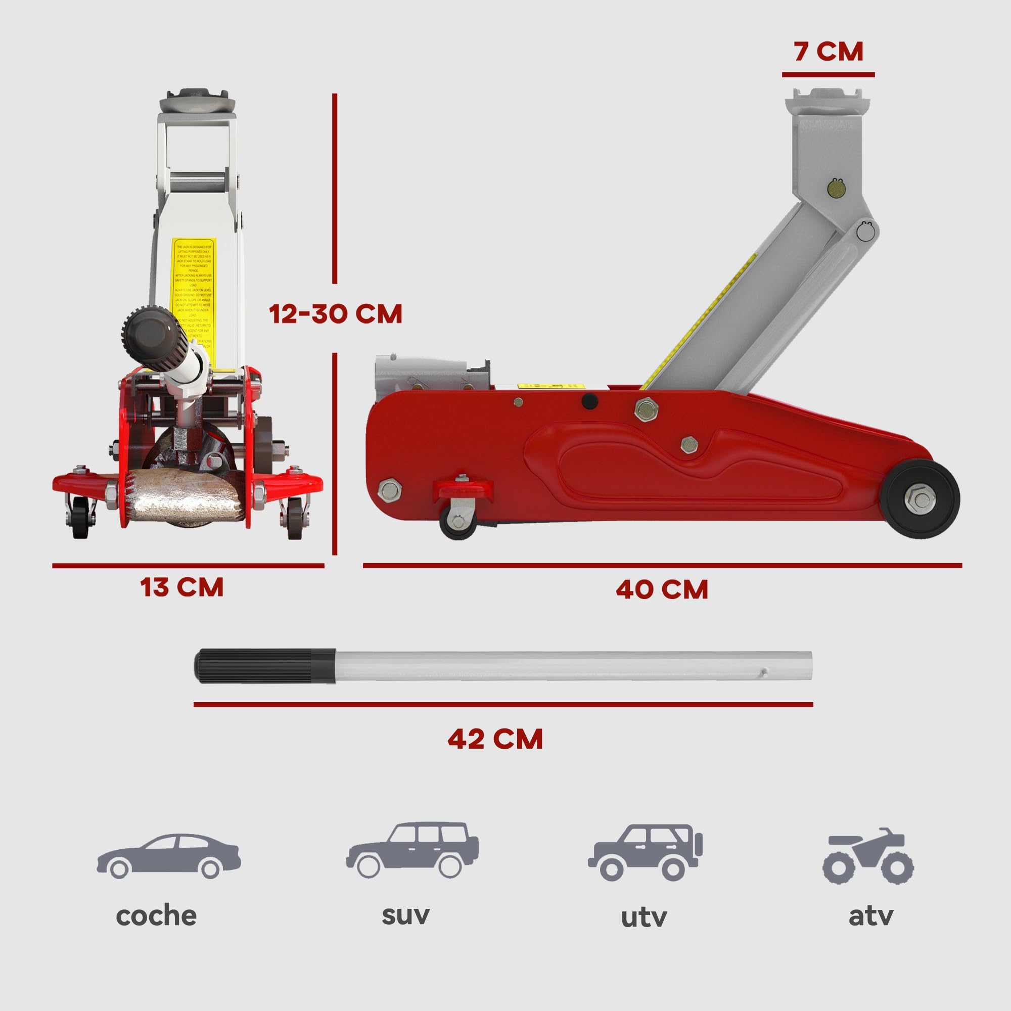HOMCOM Gato Hidráulico para Coche de 2 Toneladas Gato Hidráulico con Altura Ajustable 120-300mm y 4 Ruedas para Apoyar Coches Automóviles Rojo y Amarillo