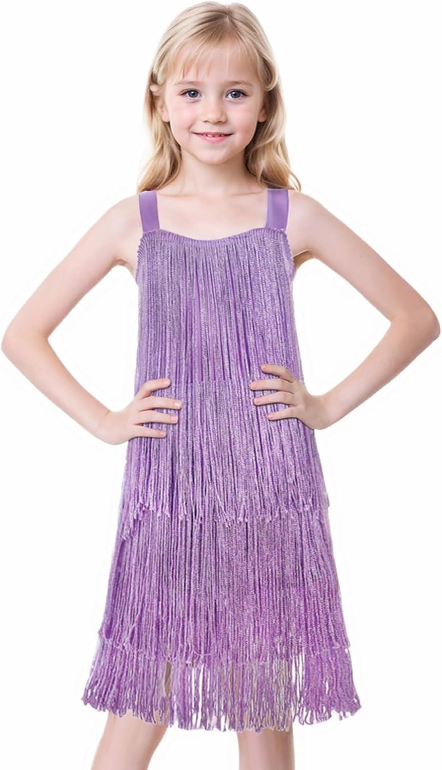 Happy Cherry Kids Girls Sequin Fringe Dress Sparkling Tassel Sleeveless Latin Dance Dress Salsa Dancewear Dancer Outfits