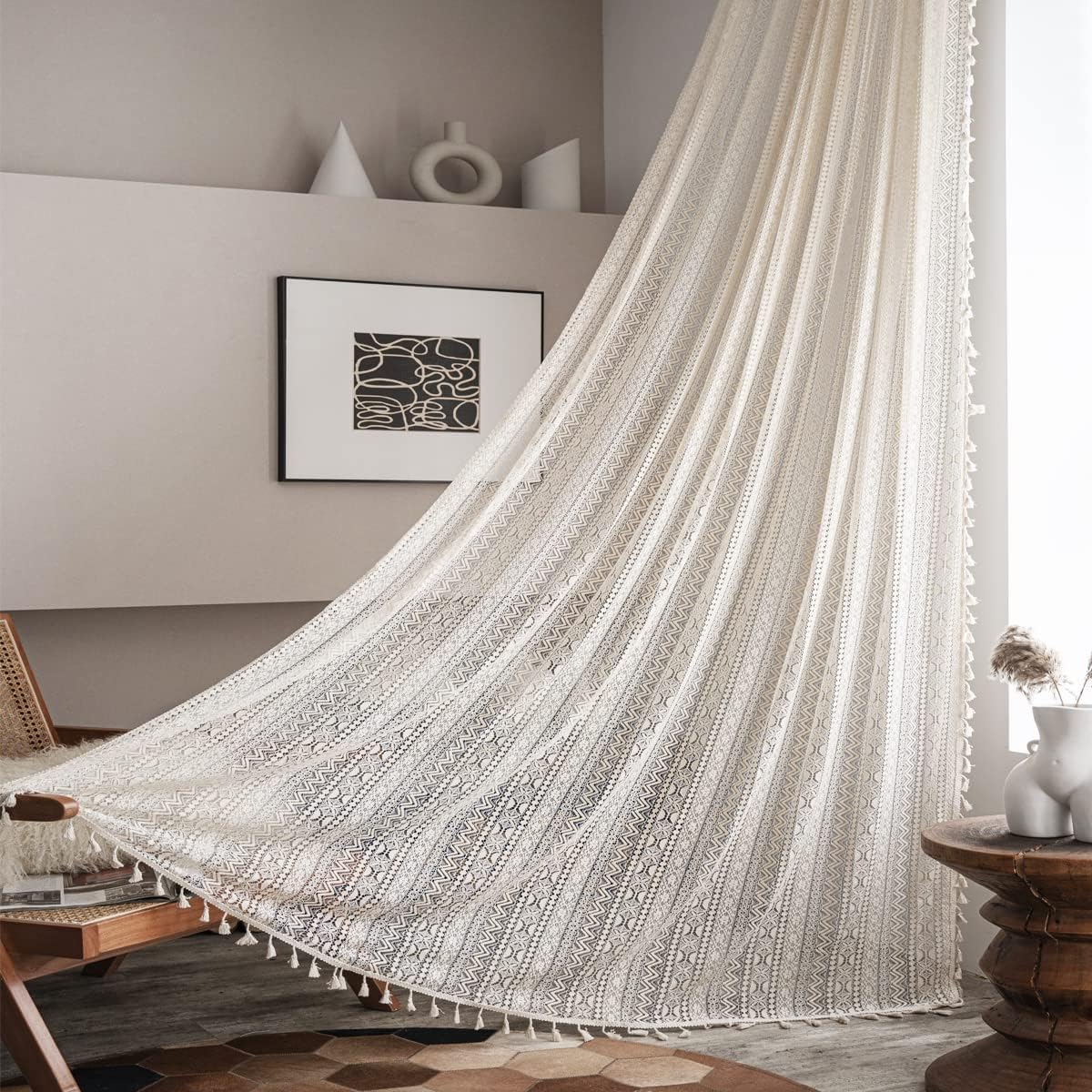 2 Panels Boho Crochet Knitting White Curtains 63 84 96 inches Length, Light Filtering Window Curtains Drapes, Farmhouse Retro Semi Sheer Vintage Lace Tassel Curtains for Bedroom Living Room Decoration