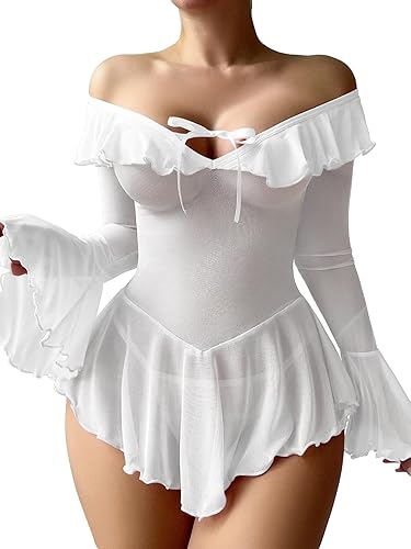 OYOANGLE Women's 2 Piece Off Shoulder Long Sleeve Ruffle Mesh Sheer Nightgowns with Thongs Babydoll Lingerie Set - Medium - White