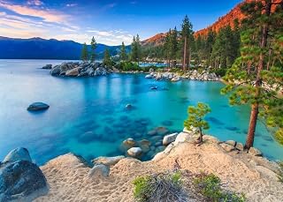 7x5ft Fabric Mountain Lake Backdrop National Park Blue Lake Tahoe and Green Forest Scenery Background for Photography for Home Wallpaper Hiking Photo Props