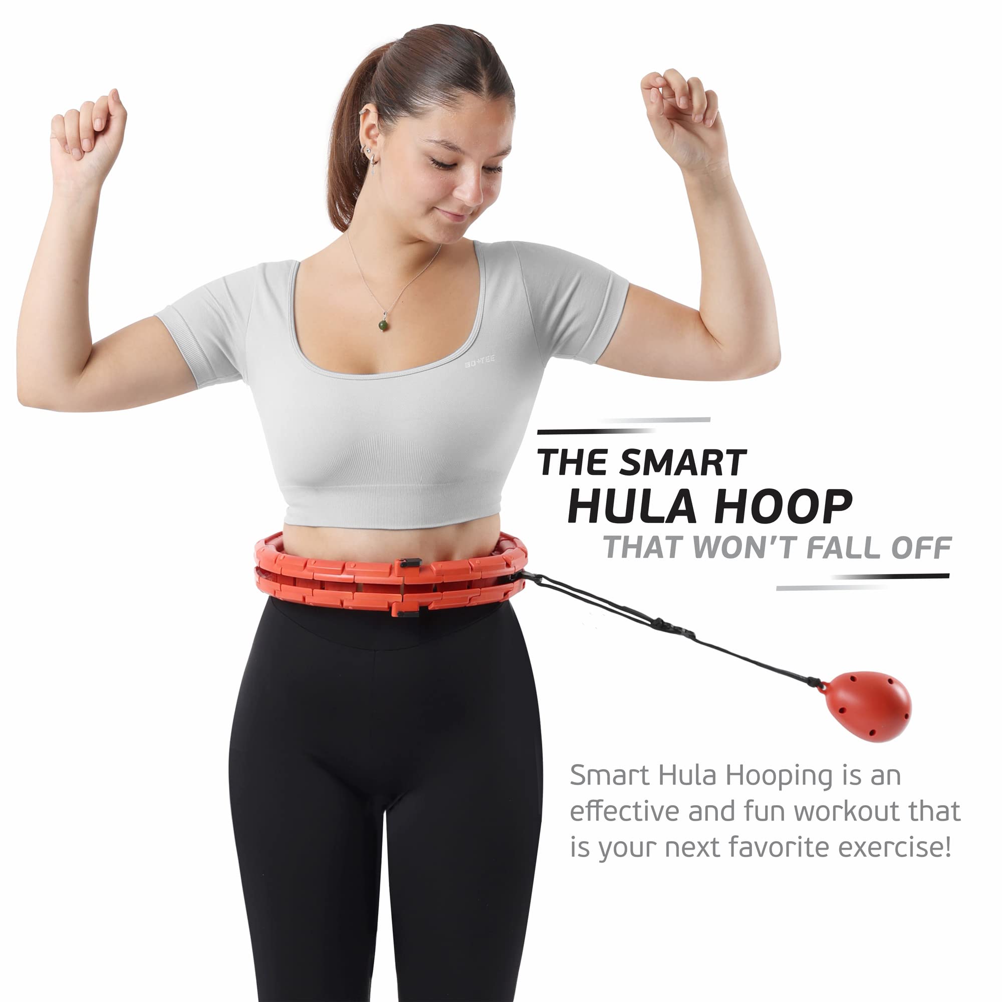 Teal Elite Hula Hoop lesté intelligent pour adultes - Entièrement réglable avec 24 nœuds amovibles - 2 en 1 - Massage abdomen - Rouge