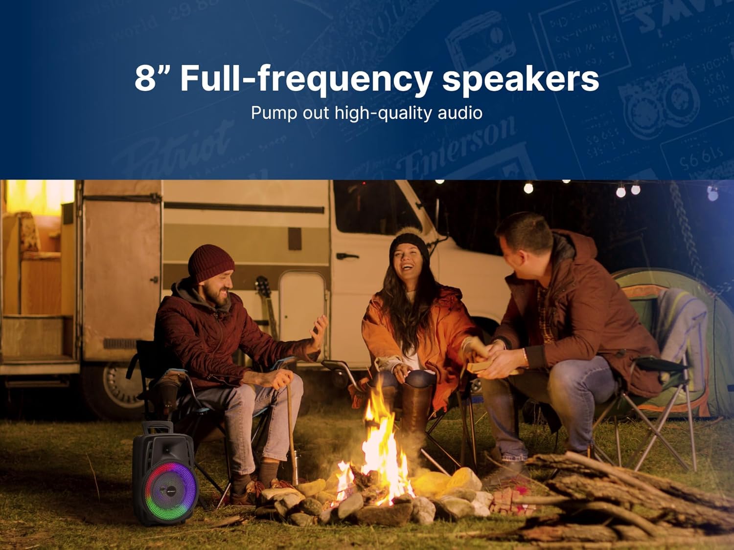 Emerson EDS-8000 Portable Bluetooth Party Speaker with 8” Subwoofer, Multi-Color Disco Lights, USB/TF/AUX Inputs, FM Radio, Mic/Guitar Inputs, Rechargeable Battery, and Built-in Handle