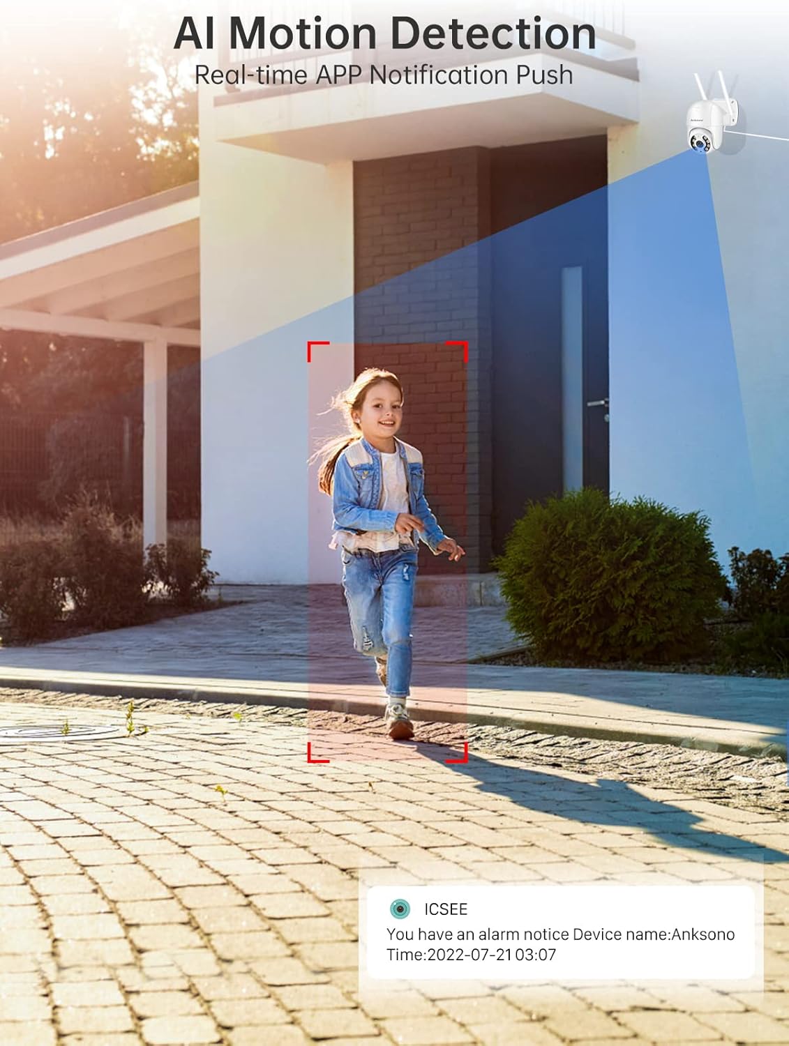 Image showing AI Motion Detection in action, with a red box highlighting a child running, and a smartphone notification from iCSee indicating an alarm notice.