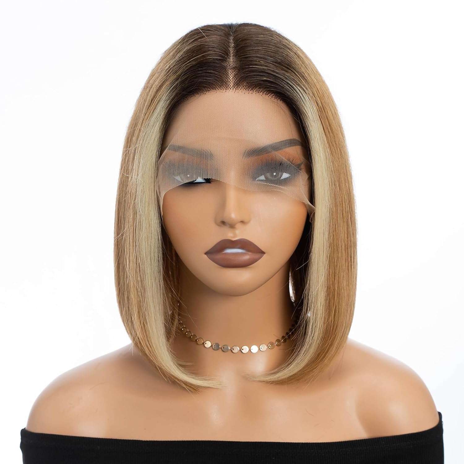 DÉBUT Skunk Stripe T Part Short Bob Wigs Lace Front Human Hair Wigs for Black Women Brazilian Virgin Straight Hair Middle Part Wigs Ombre Brown Blonde Highlight 613 10 Inches