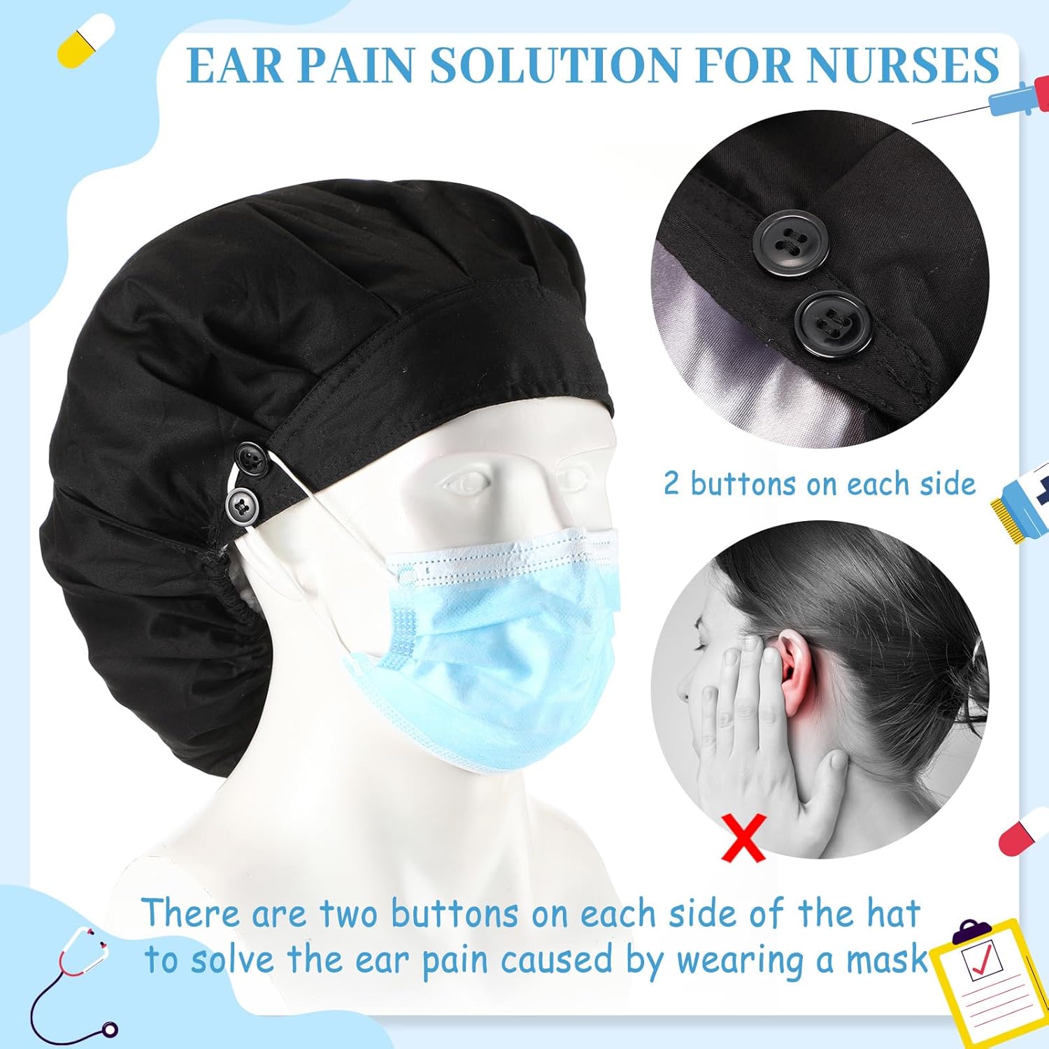 6 Pcs Extra Large Satin Lined Scrub Caps for Women Long Hair Nurse Surgical Hat with Button Working Adjustable - Image 2