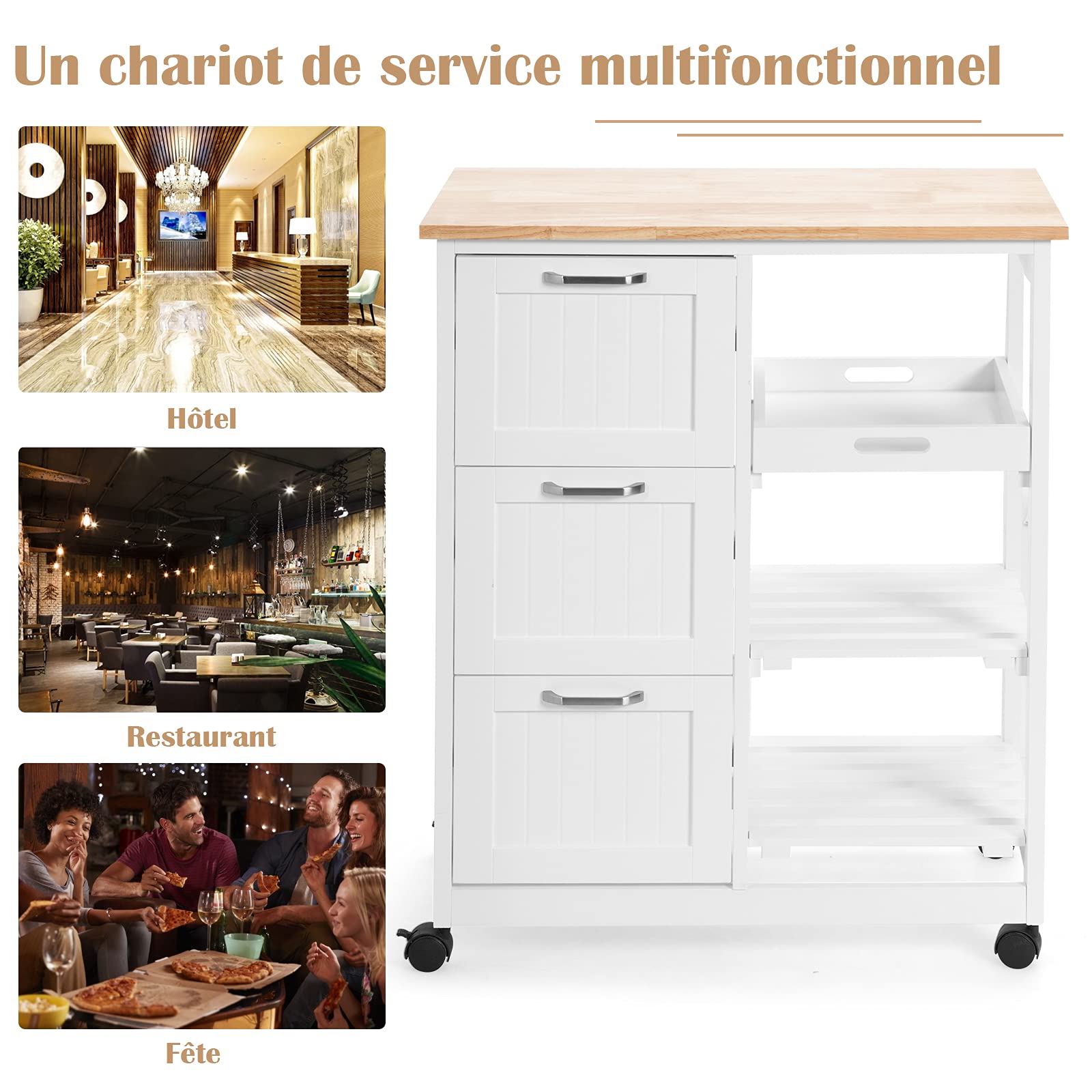 GOPLUS Desserte de Cuisine à roulettes, Chariot de Cuisine en Bois avec 3 Tiroirs, 3 Étagères, Plateau Amovible, 67 x 37 x 83,5 CM, Blanc
