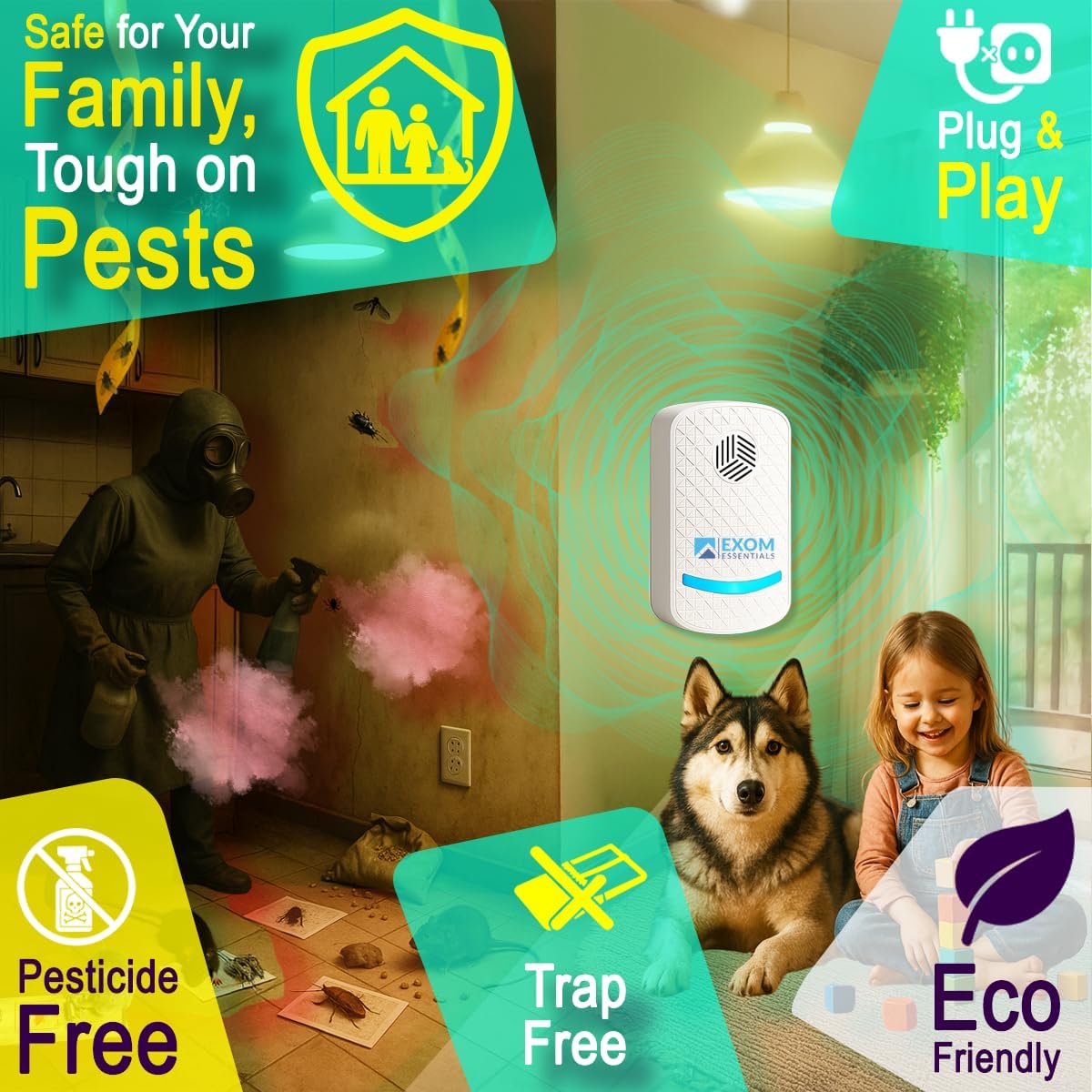 A family with a dog in a clean home, contrasted with a person spraying pesticides in a messy room, highlighting the pesticide-free and plug-and-play nature of the repeller.