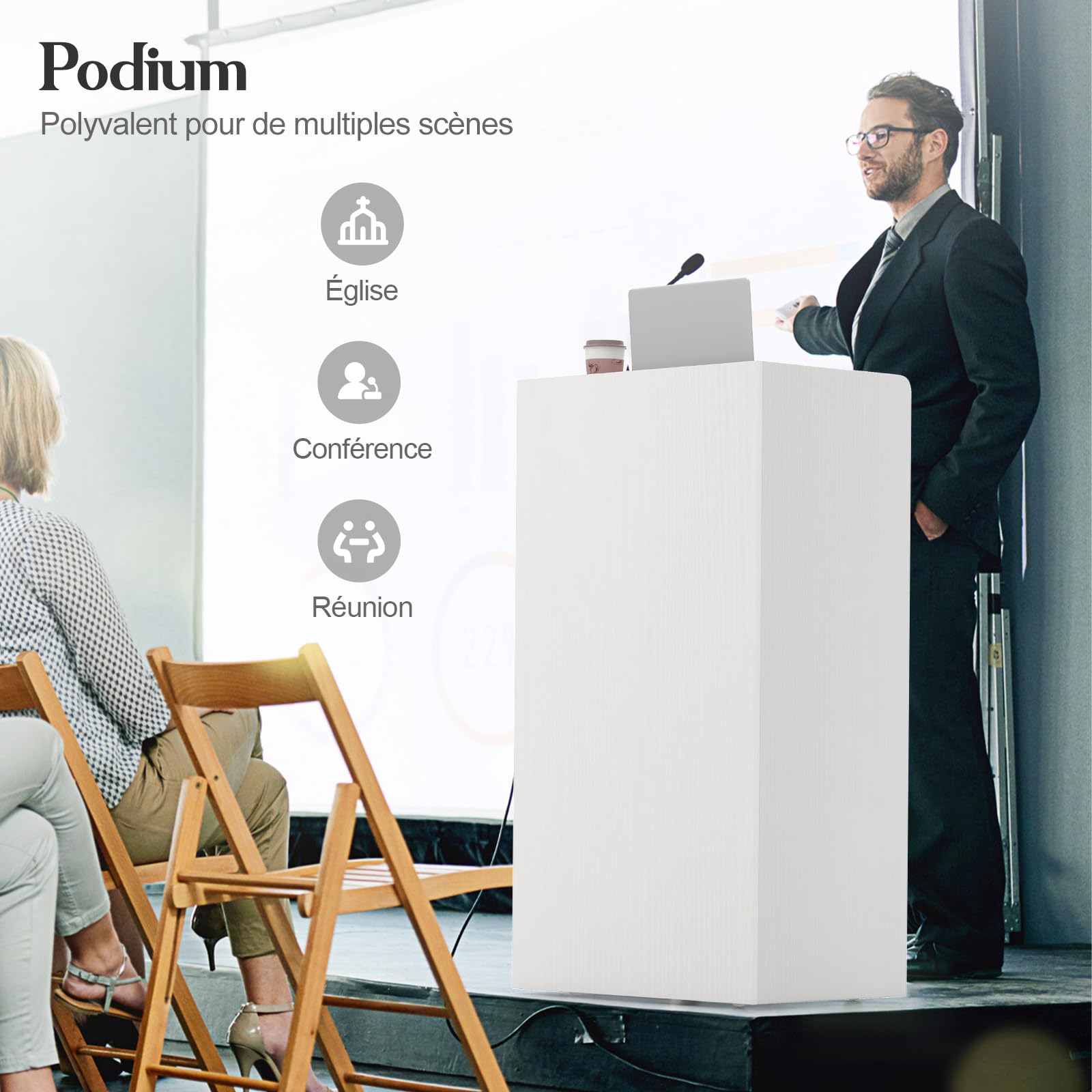 COSTWAY Podium Debout en Bois Roulant, Pupitre avec 2 Étagères, Podium Portable avec roulettes, Comptoir d'accueil, Roues Verrouillables, pour Église, Bureau, École, Conférence (Blanc)