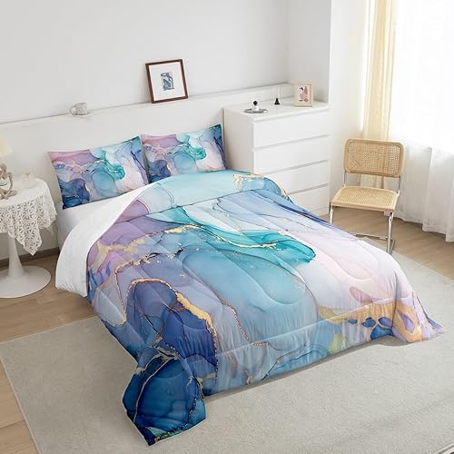 Miniatura 4 de Erosebridal Juego de edredón de color rosa y azul dorado, ropa de cama de mármol colorido para jóvenes, juegos de edredón con textura de mármol con